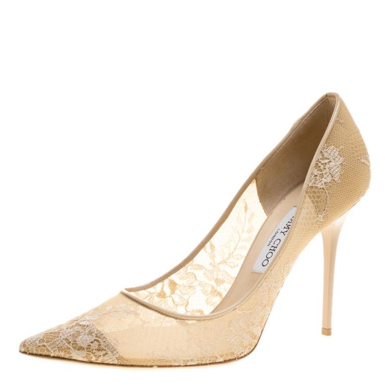 Jimmy Choo Beige Lace Abel Pointed Toe Pumps Size 41 For Sale at 1stDibs