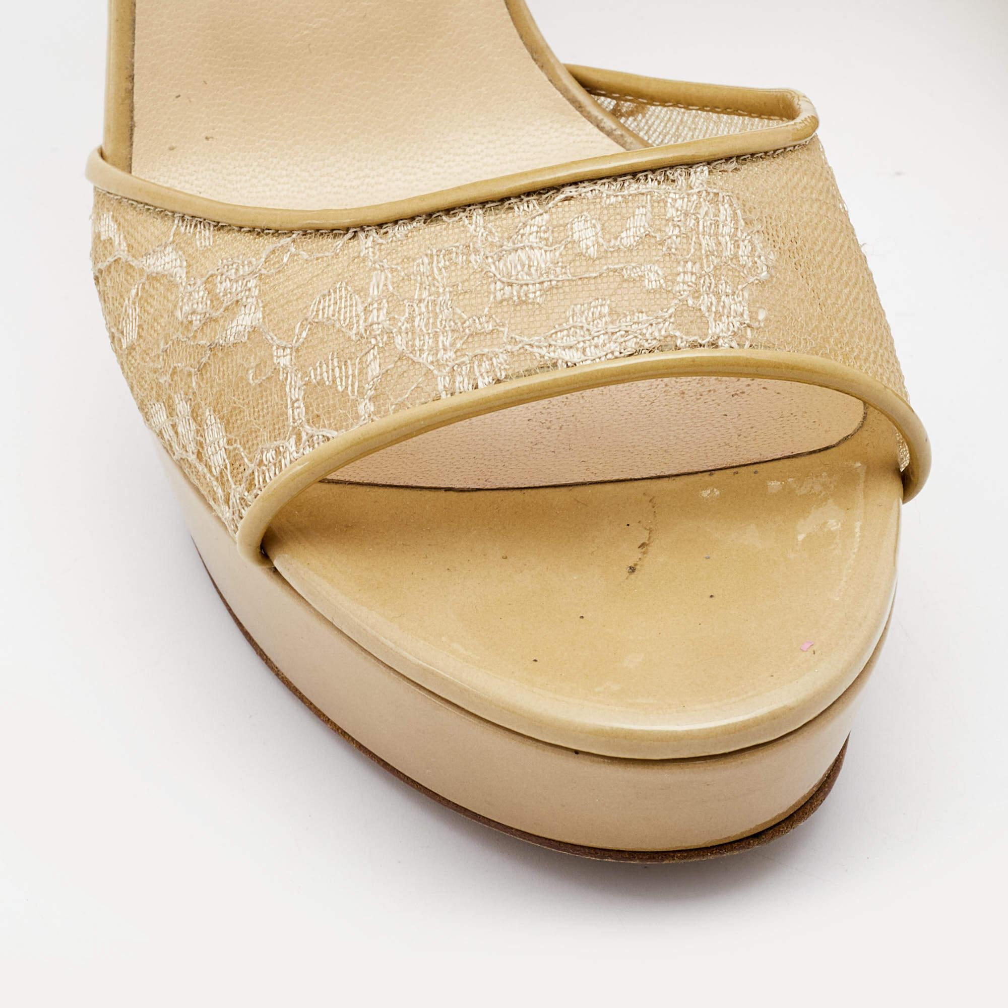Jimmy Choo Beige Lace and Patent Kayden Ankle Strap Sandals Size 37 For Sale 3