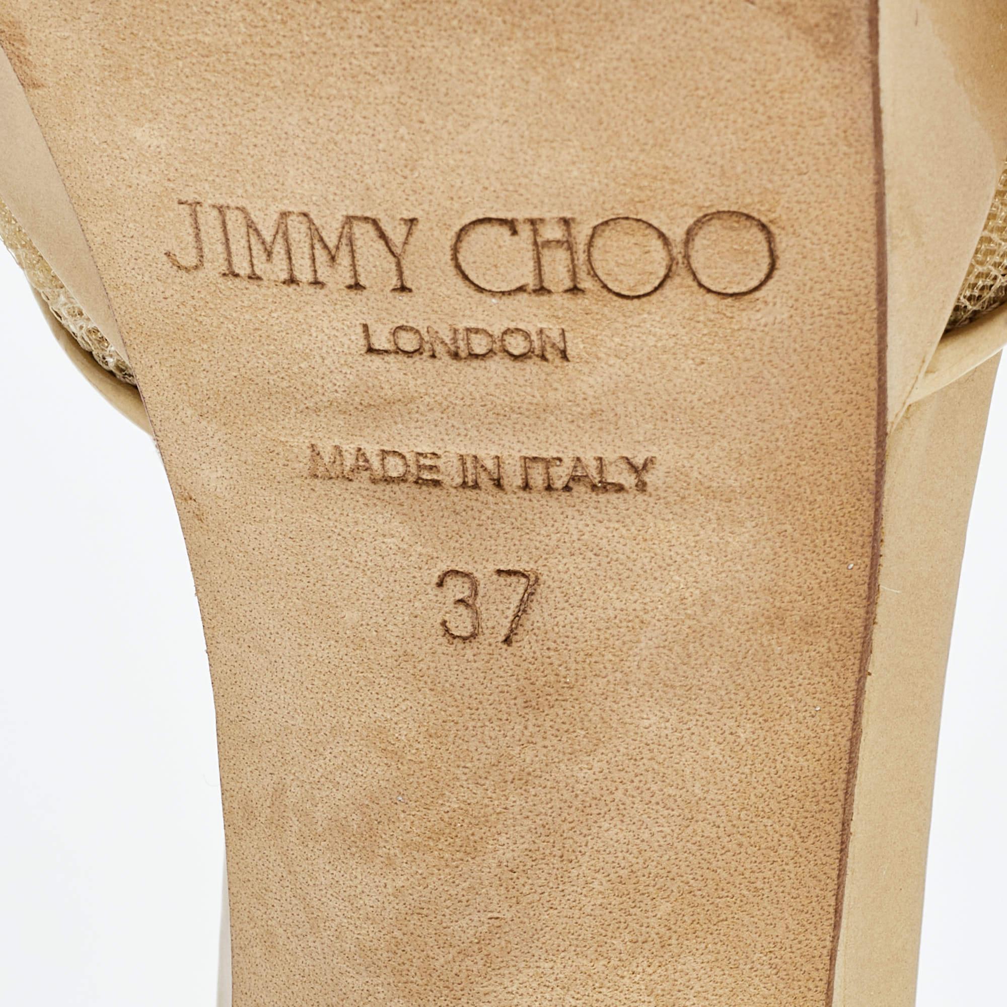 Jimmy Choo - Sandales Kayden à lanières en dentelle beige et vernies, taille 37 en vente 3