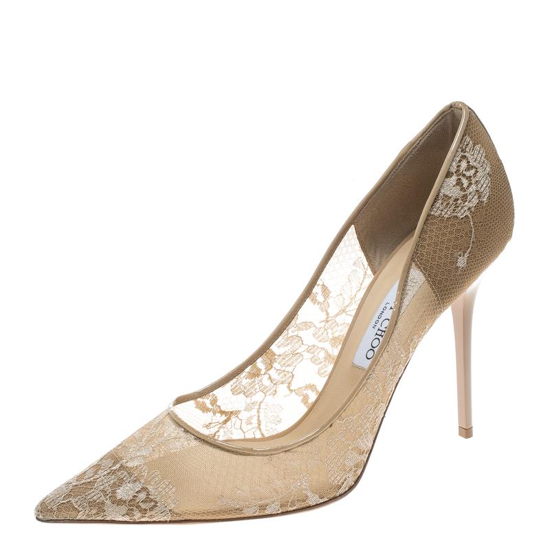 Jimmy Choo Beige Lace and Patent Leather Abel Pointed Toe Pumps Size 41