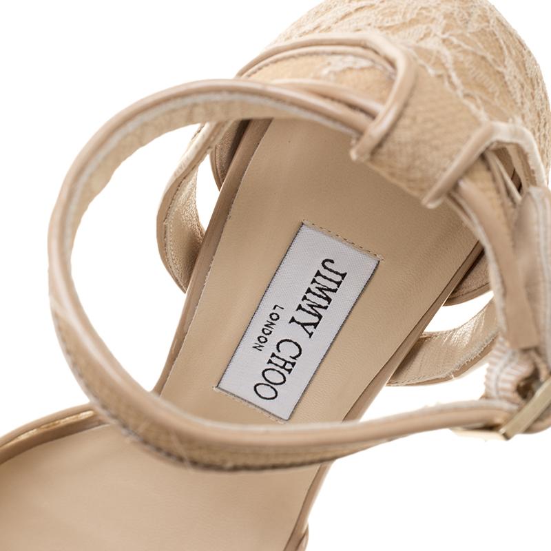 Jimmy Choo Beige Lace and Patent Leather Ankle Strap Platform Sandals Size 40.5 In New Condition In Dubai, Al Qouz 2