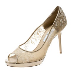 Jimmy Choo Beige Lace Luna Peep Toe Platform Pumps Size 40.5