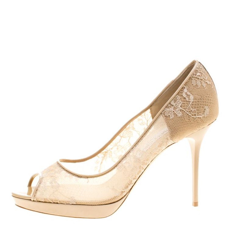 Jimmy Choo Beige Lace Luna Peep Toe Platfrom Pumps Size 41 For Sale at ...