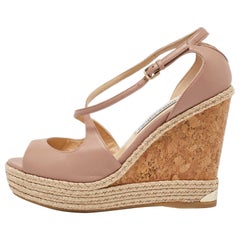 Jimmy Choo Beige Leather Cork Espadrille Wedge Sandals Size 38