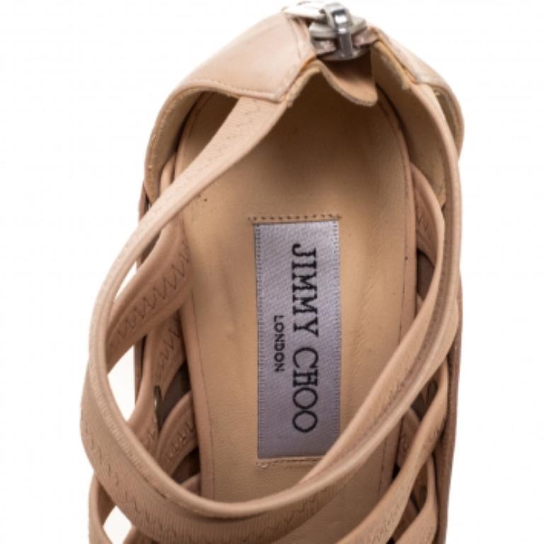 Jimmy Choo Beige Leather, Elastic And Patent Strappy 'Aston' Sandals Size 39.5 For Sale 2