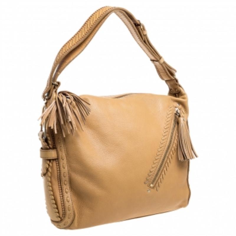 Jimmy Choo Beige Leather Lily Tassel Hobo For Sale 2