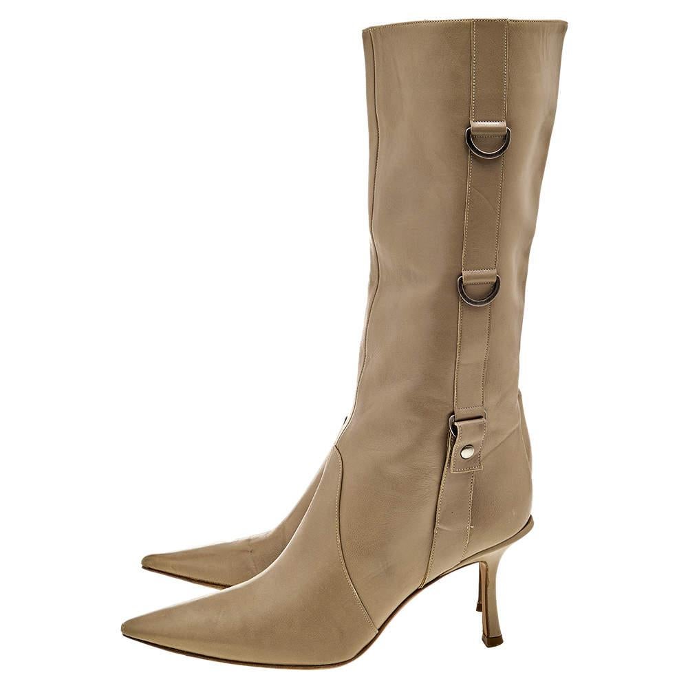 Jimmy Choo Beige Leather Pointed Toe Calf Length Boots Size 38 In Good Condition For Sale In Dubai, Al Qouz 2
