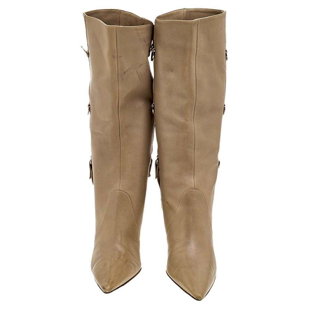 Women's Jimmy Choo Beige Leather Pointed Toe Calf Length Boots Size 38 For Sale
