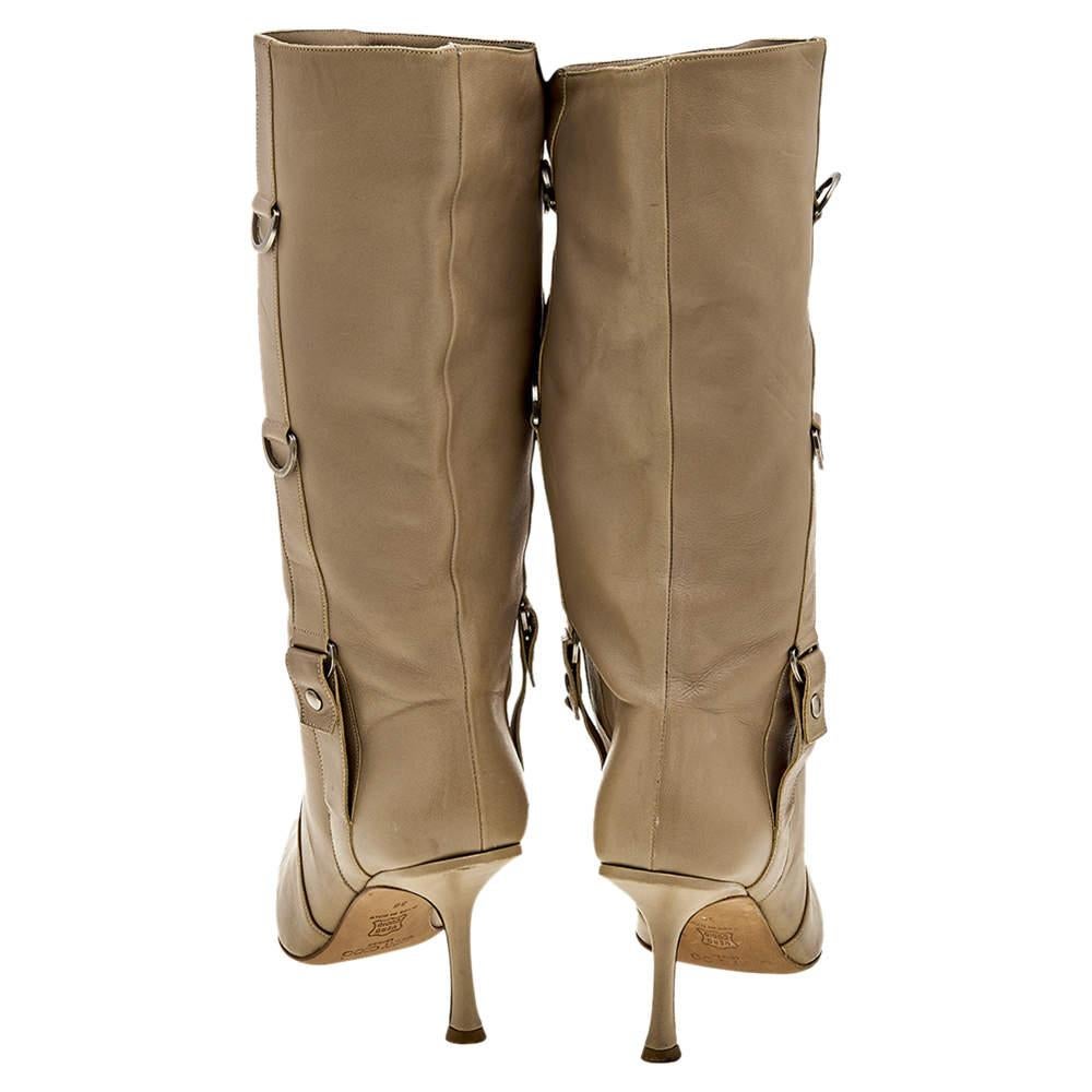 Jimmy Choo Beige Leather Pointed Toe Calf Length Boots Size 38 For Sale 1