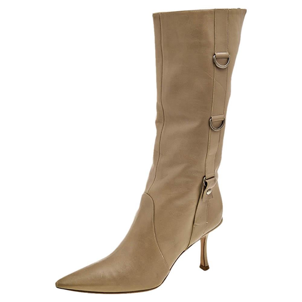 Jimmy Choo Beige Leather Pointed Toe Calf Length Boots Size 38