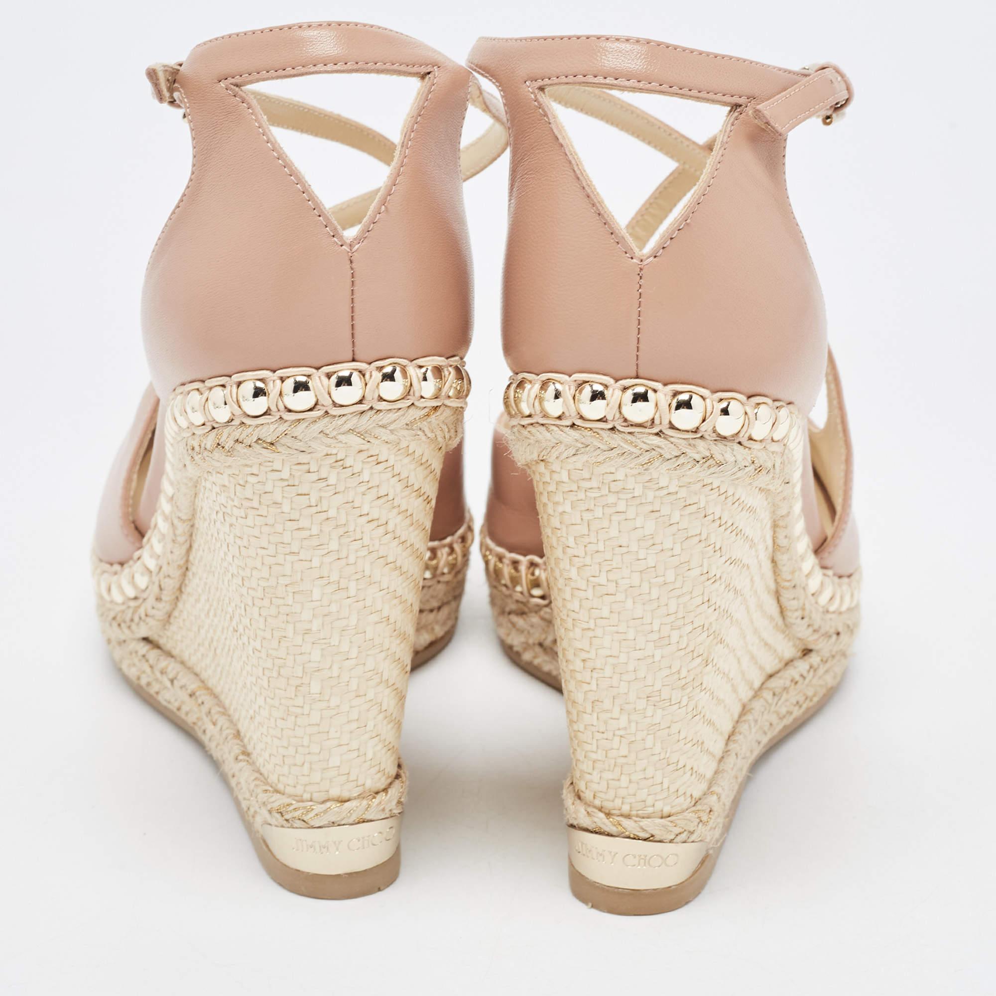 Jimmy Choo Beige Leather Studded Wedge Espadrille Ankle Strap Sandals Size 40 In New Condition In Dubai, Al Qouz 2