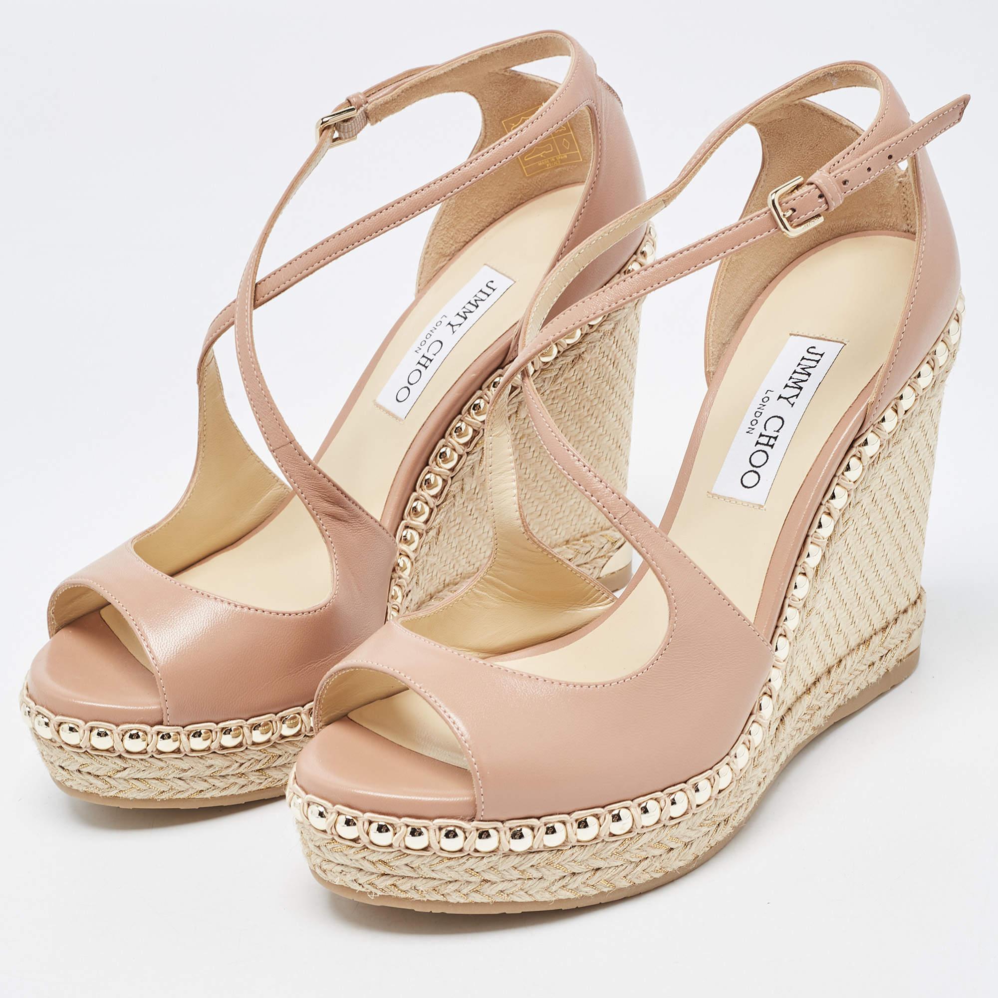 Women's Jimmy Choo Beige Leather Studded Wedge Espadrille Ankle Strap Sandals Size 40