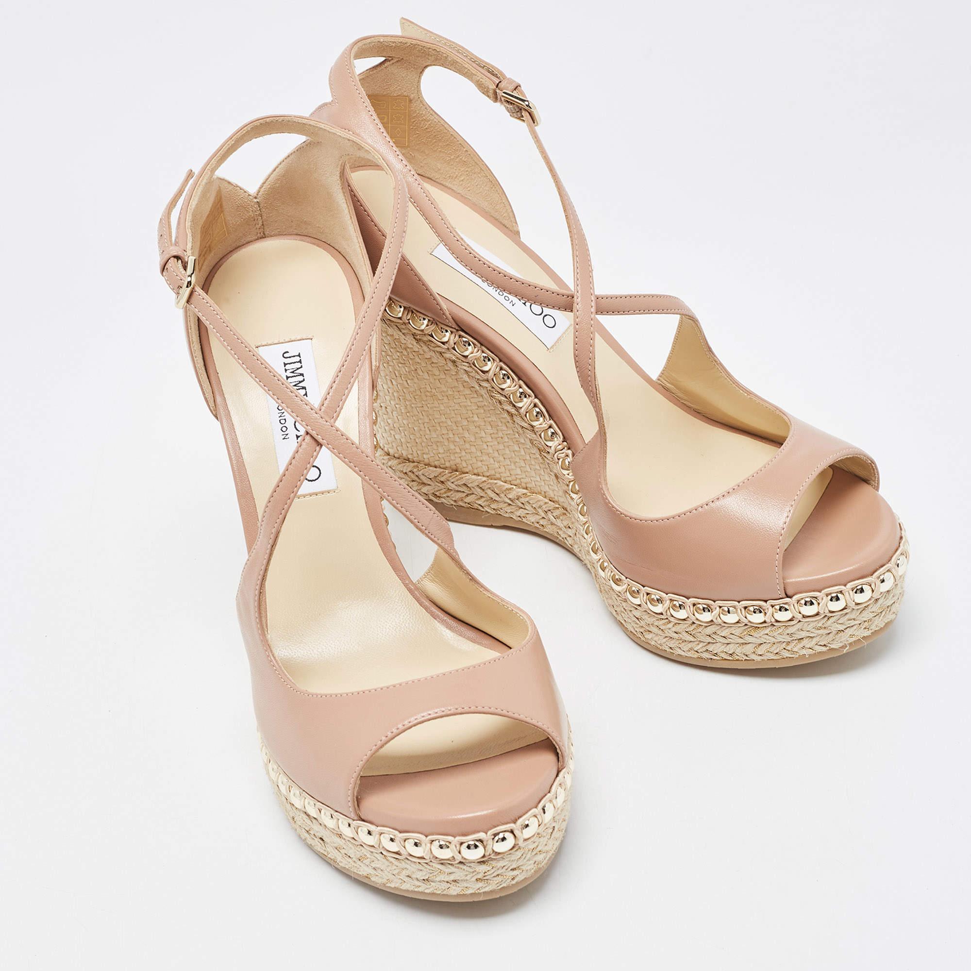 Jimmy Choo Beige Leather Studded Wedge Espadrille Ankle Strap Sandals Size 40 1