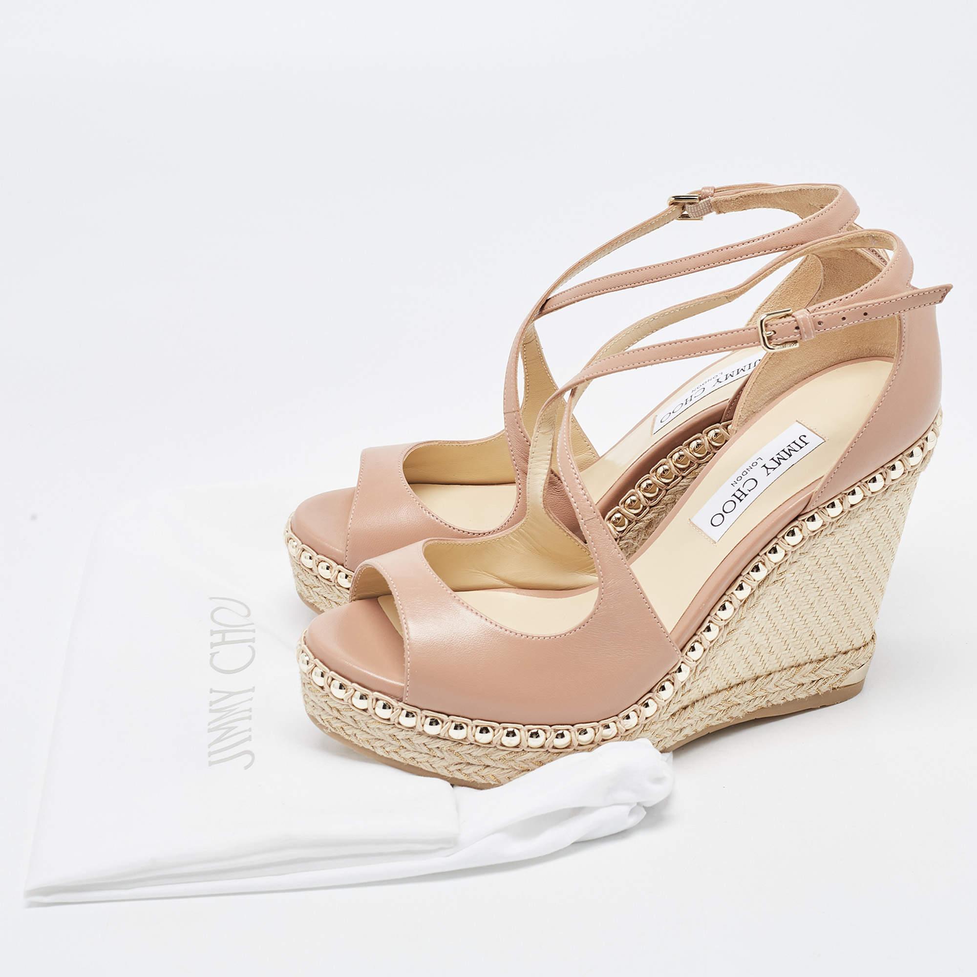 Jimmy Choo Beige Leather Studded Wedge Espadrille Ankle Strap Sandals Size 40 3
