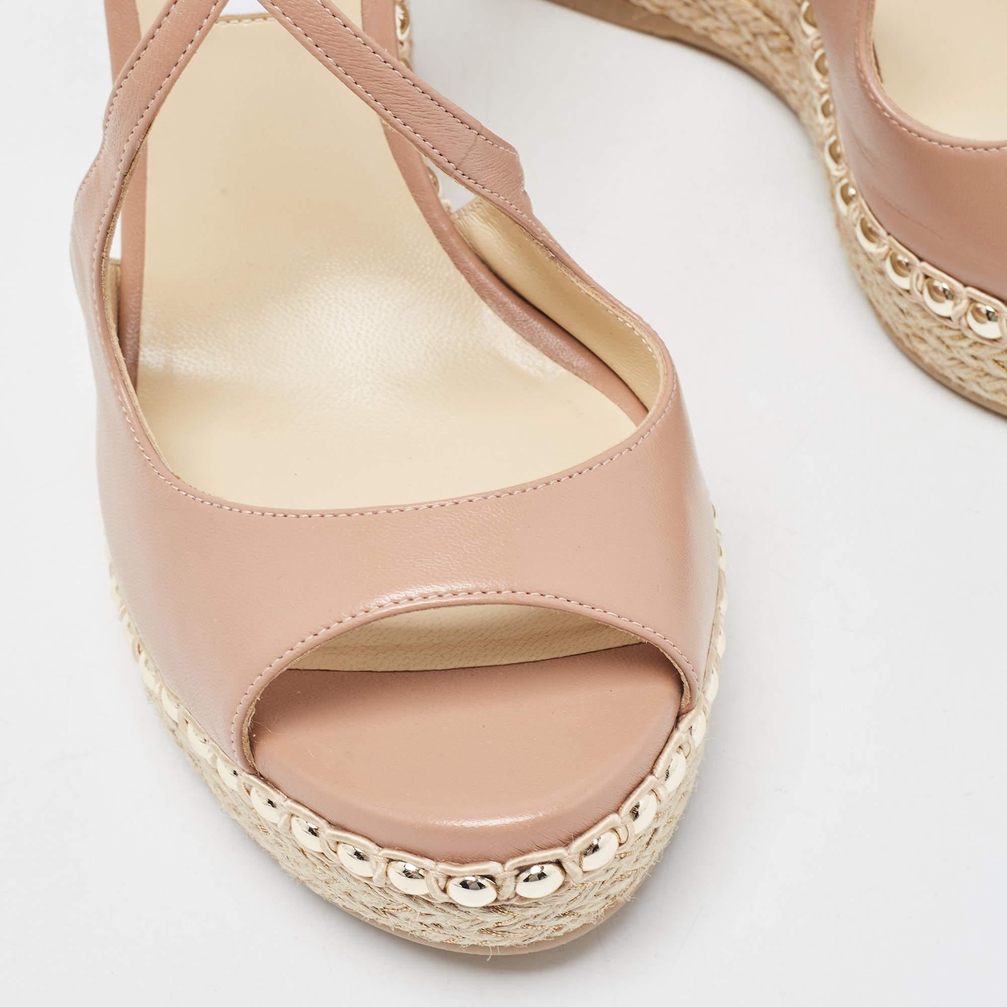 Jimmy Choo Beige Leather Studded Wedge Espadrille Ankle Strap Sandals Size 40 4
