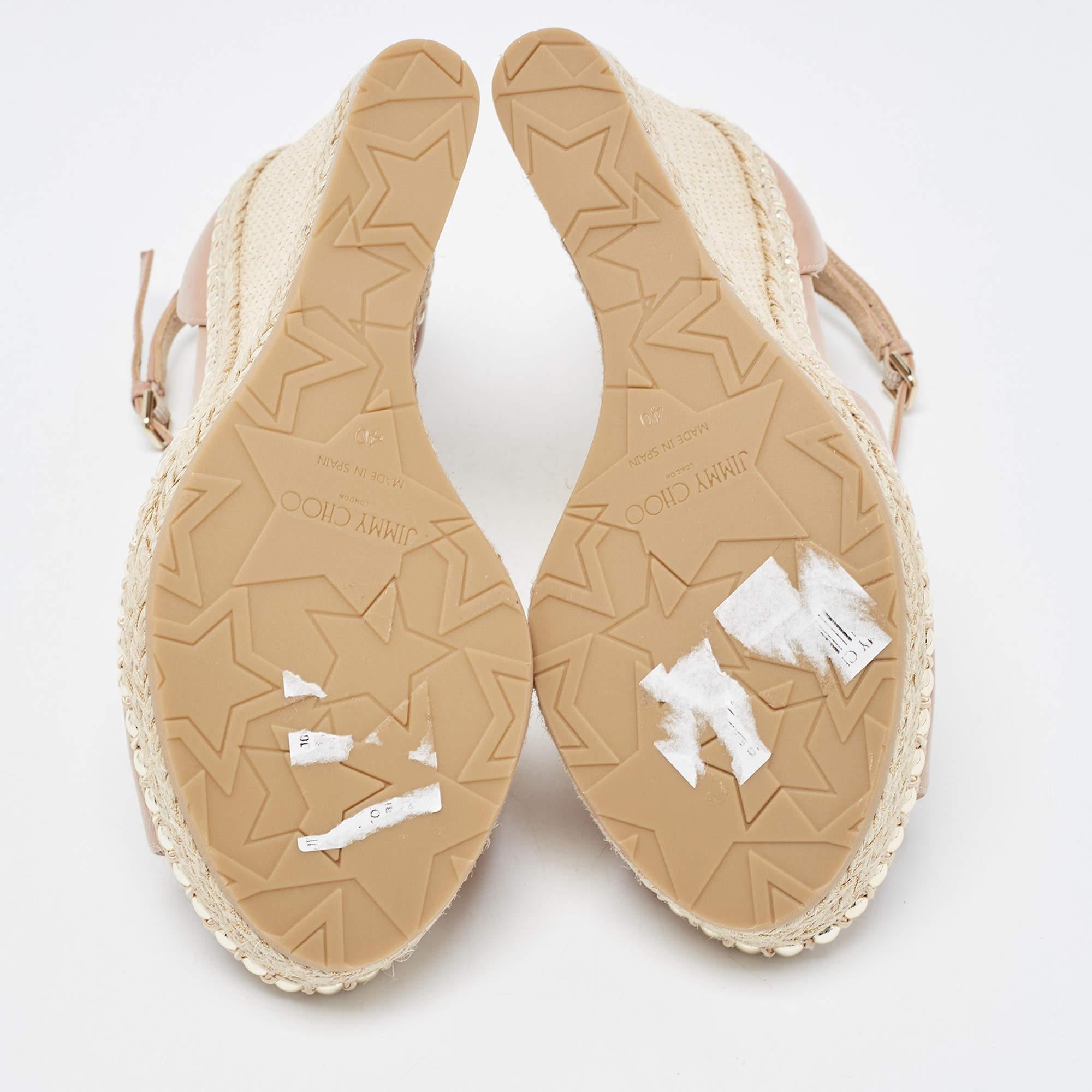 Jimmy Choo Beige Leather Studded Wedge Espadrille Ankle Strap Sandals Size 40 5