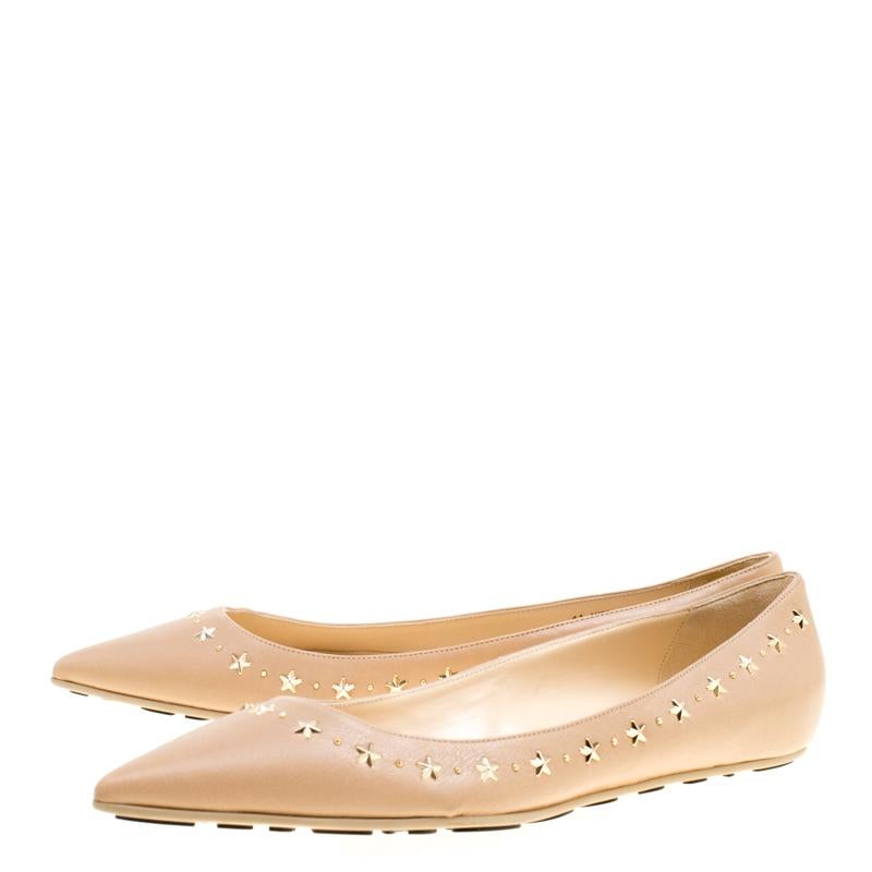 Jimmy Choo Beige Leather Windsor Star Embellished Pointed Toe Flats Size 41 2