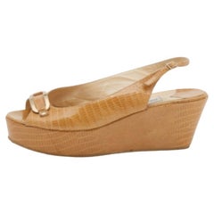 Jimmy Choo Beige Eidechse geprägtes Leder Slingback Keilsandalen Größe 39.5