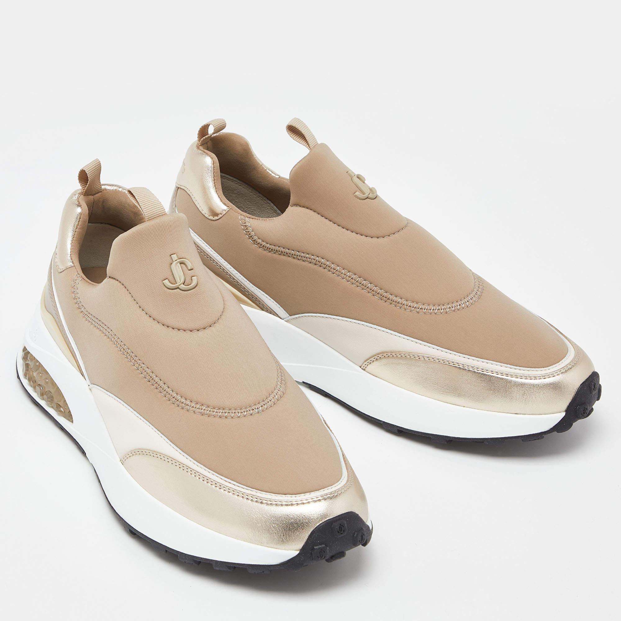 Jimmy Choo Beige Neoprene and Leather Memphis Sneakers Size 41 In Excellent Condition For Sale In Dubai, Al Qouz 2