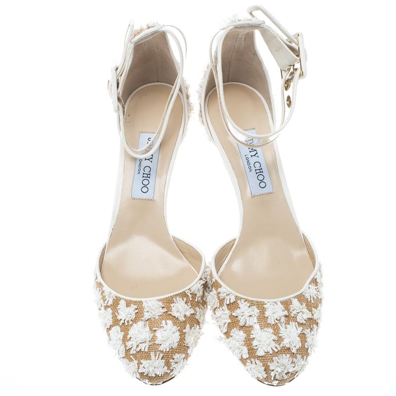 Jimmy Choo Beige/Off White Floral Woven Raffia Magic 65 Ankle Strap Round Toe Pu In Excellent Condition In Dubai, Al Qouz 2