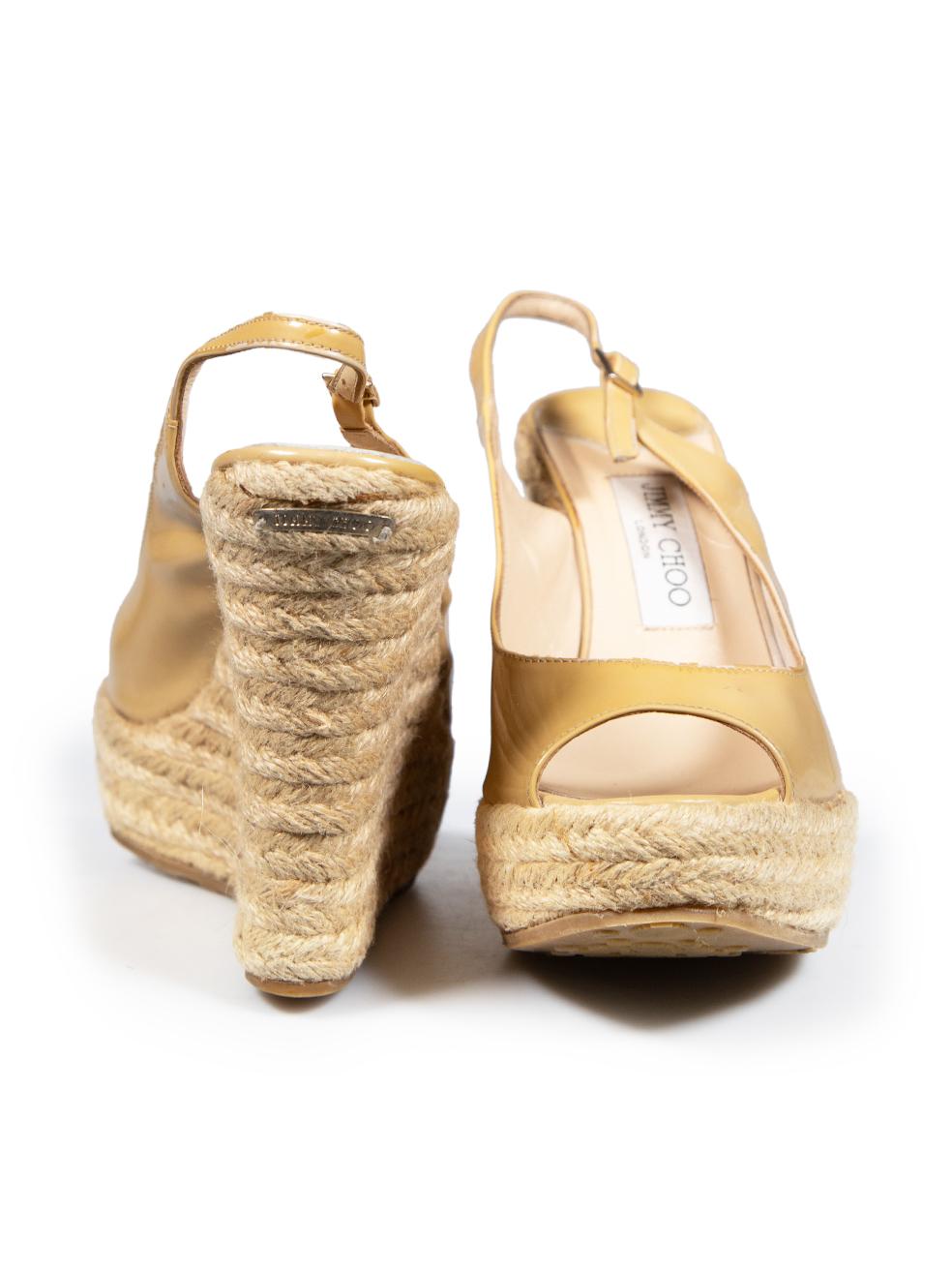 Jimmy Choo Beige Patent Espadrille Wedges Size IT 37.5 In Good Condition In London, GB