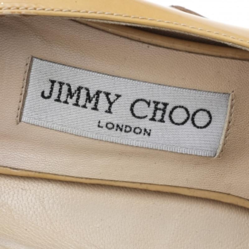 Jimmy Choo Beige Patent Leather Baxen Wedge Peep Toe Pumps Size 39 For Sale 1