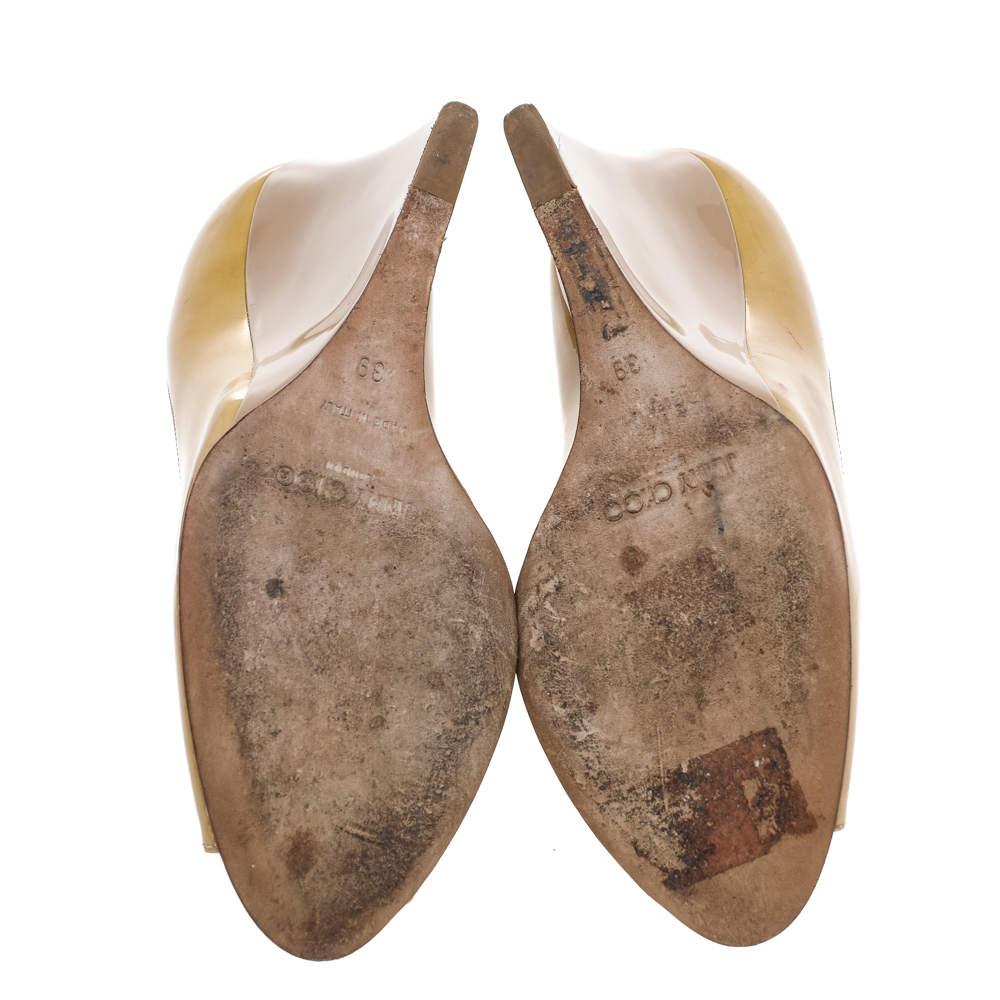 Jimmy Choo Beige Patent Leather Baxen Wedge Peep Toe Pumps Size 39 2