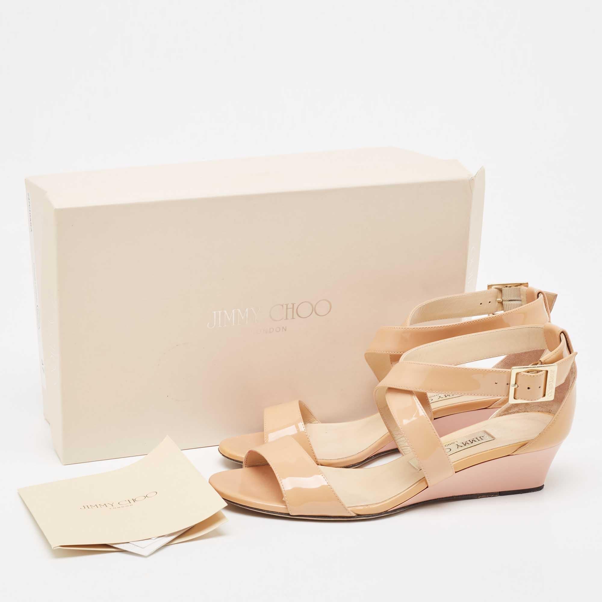 Jimmy Choo Beige Patent Leather Chiara Wedge Sandals Size 37 For Sale 6