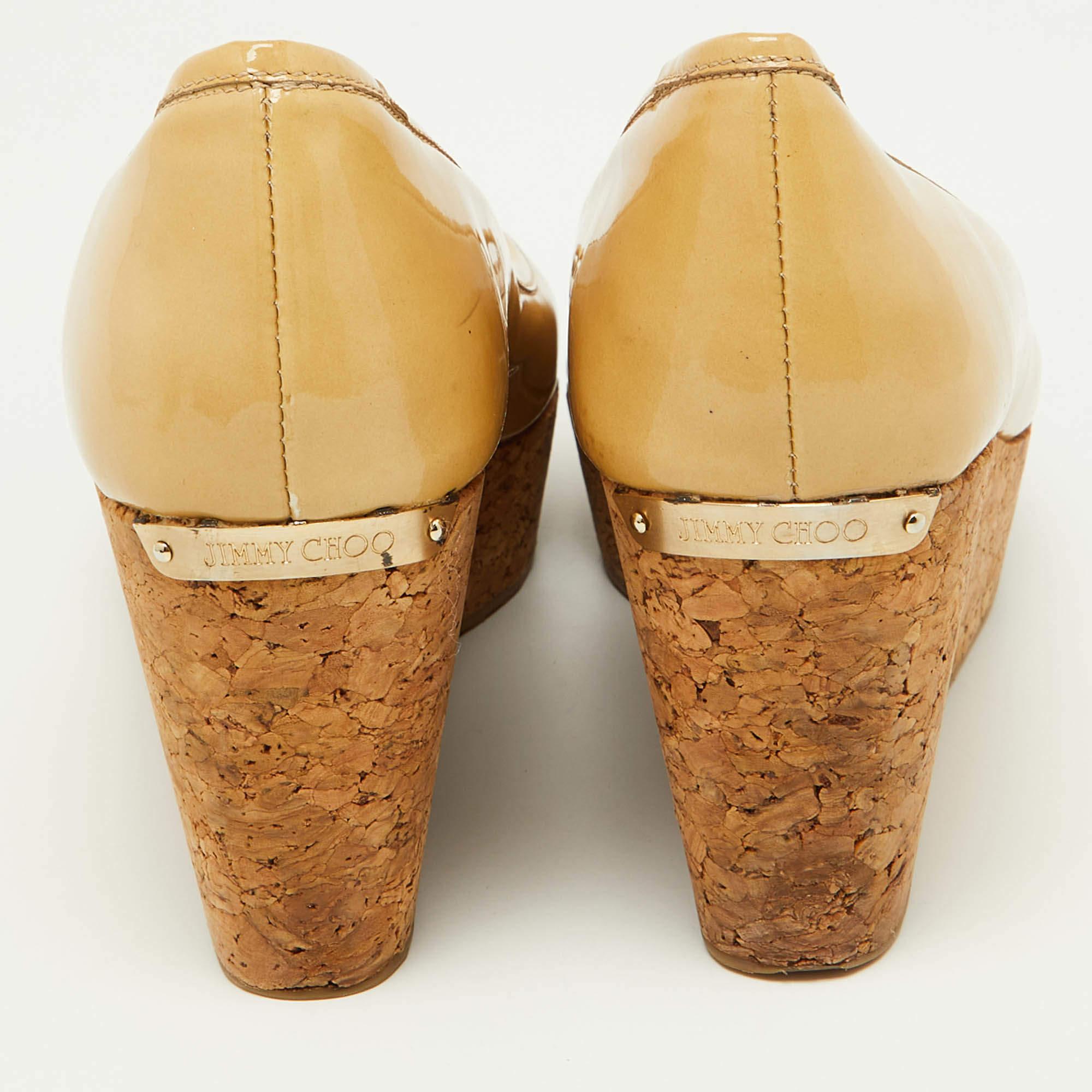 Jimmy Choo Beige Patent Leather Cork Wedge Parley Pumps Size 39 For Sale 1