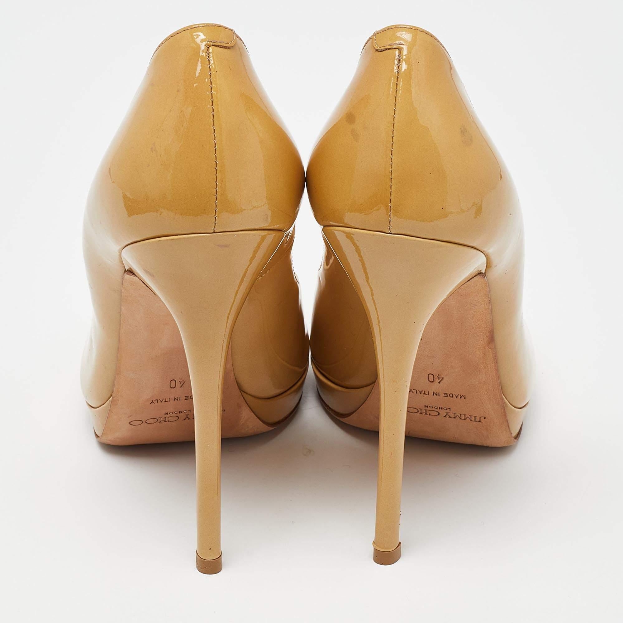 Jimmy Choo Beige Patent Leather Crown Peep Toe Pumps Size 40 For Sale 1