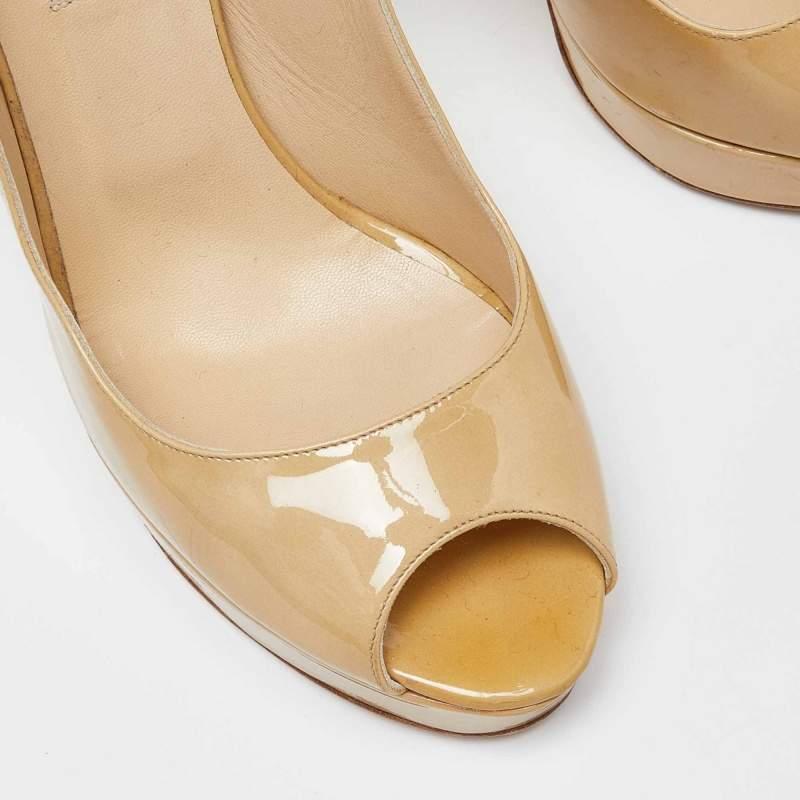 Jimmy Choo Beige Patent Leather Crown Peep Toe Pumps Size 40.5 4