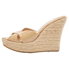 Jimmy Choo Beige Patent Leather Espadrille Wedge Slide Sandals Size 38