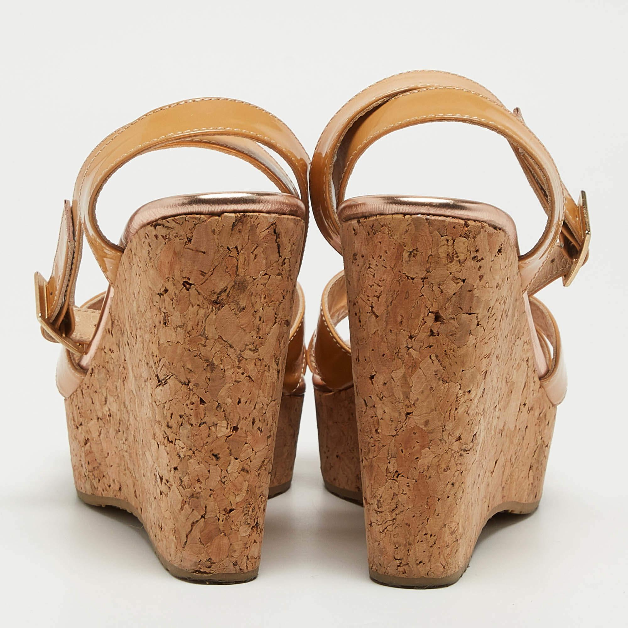 Jimmy Choo Beige Patent Leather Papyrus Cork Wedge Sandals Size 38.5 For Sale 1
