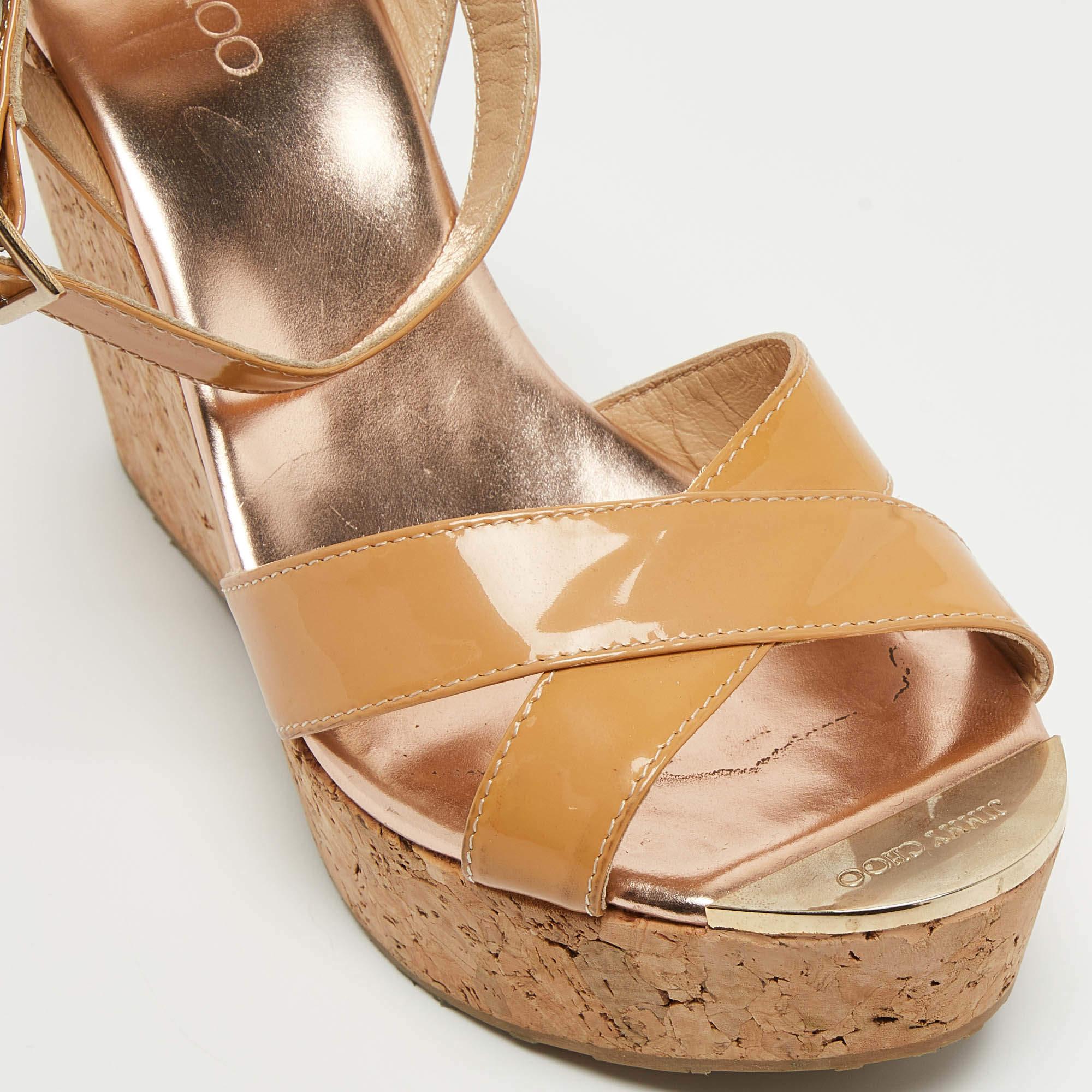 Jimmy Choo Beige Patent Leather Papyrus Cork Wedge Sandals Size 38.5 For Sale 3