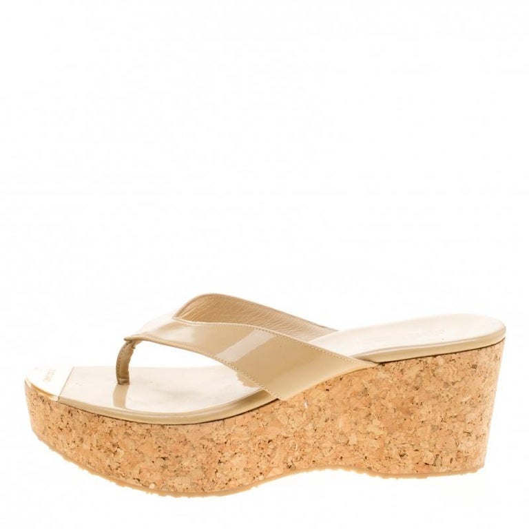 Jimmy Choo Beige Patent Leather Pathos Thong Cork Wedge Slides 41 For ...