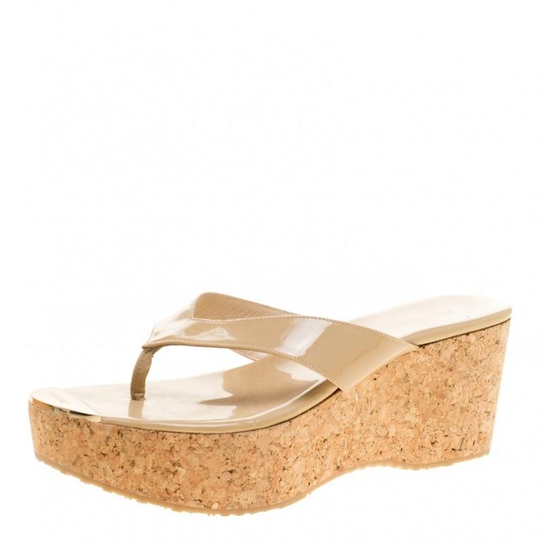 Jimmy Choo Beige Patent Leather Pathos Thong Cork Wedge Slides 41 For ...