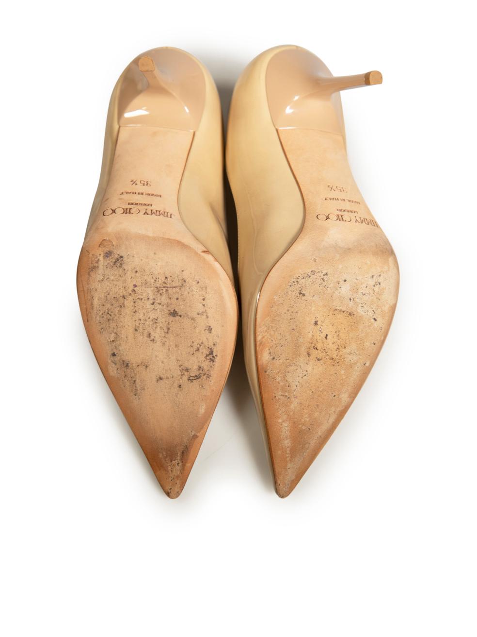 Women's Jimmy Choo Beige Patent Leather Pointed-Toe Pumps Size IT 35.5 For Sale