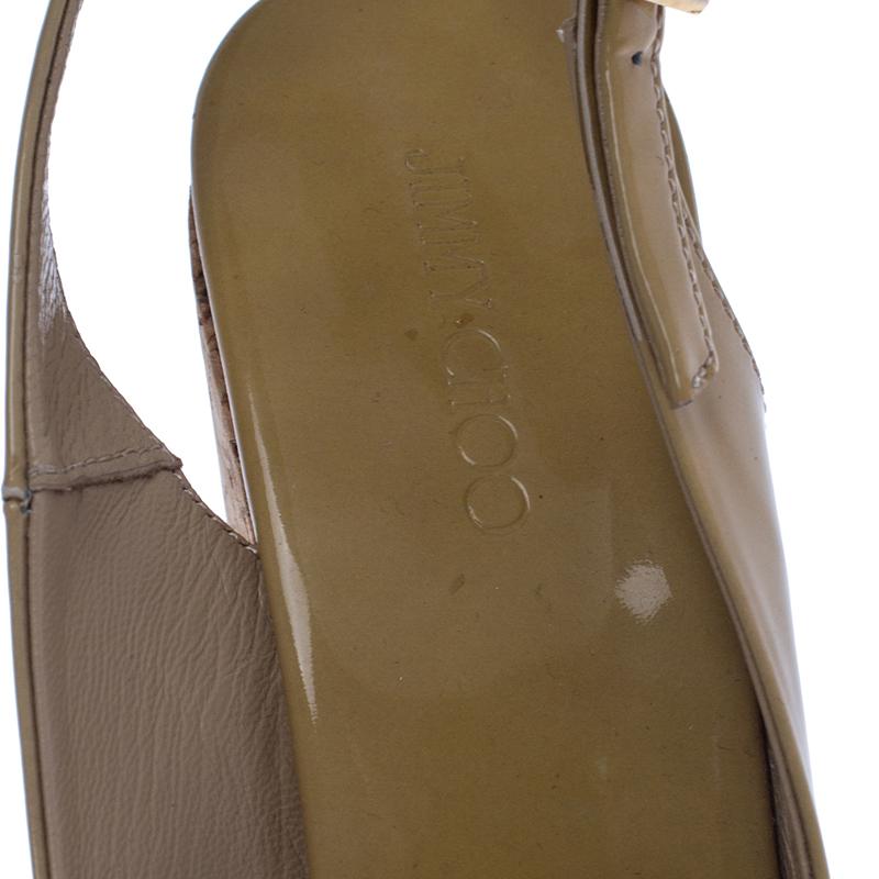 Women's Jimmy Choo Beige Patent Leather Prova 120 Wedge Sandals Size 38.5
