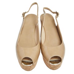 Jimmy Choo Beige Patent Leather Slingback Cork Wedge Sandals Size 40.5