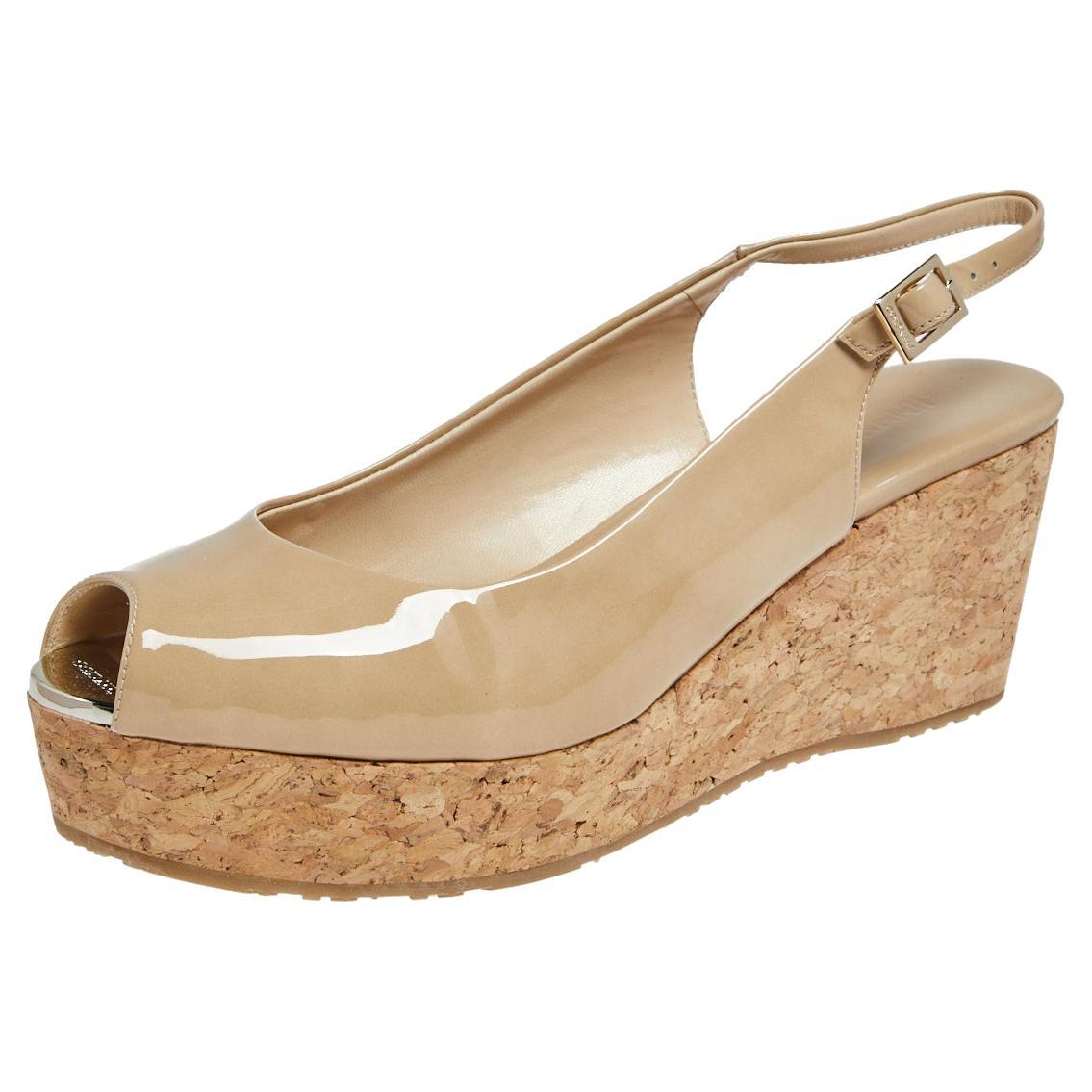 Jimmy Choo Beige Patent Leather Slingback Cork Wedge Sandals Size 40.5