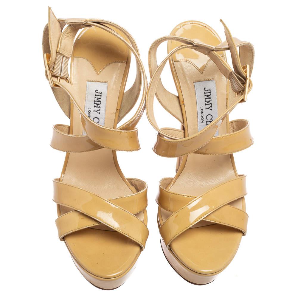 Jimmy Choo Beige Patent Leather Vamp Platform Sandals Size 37 In Fair Condition In Dubai, Al Qouz 2