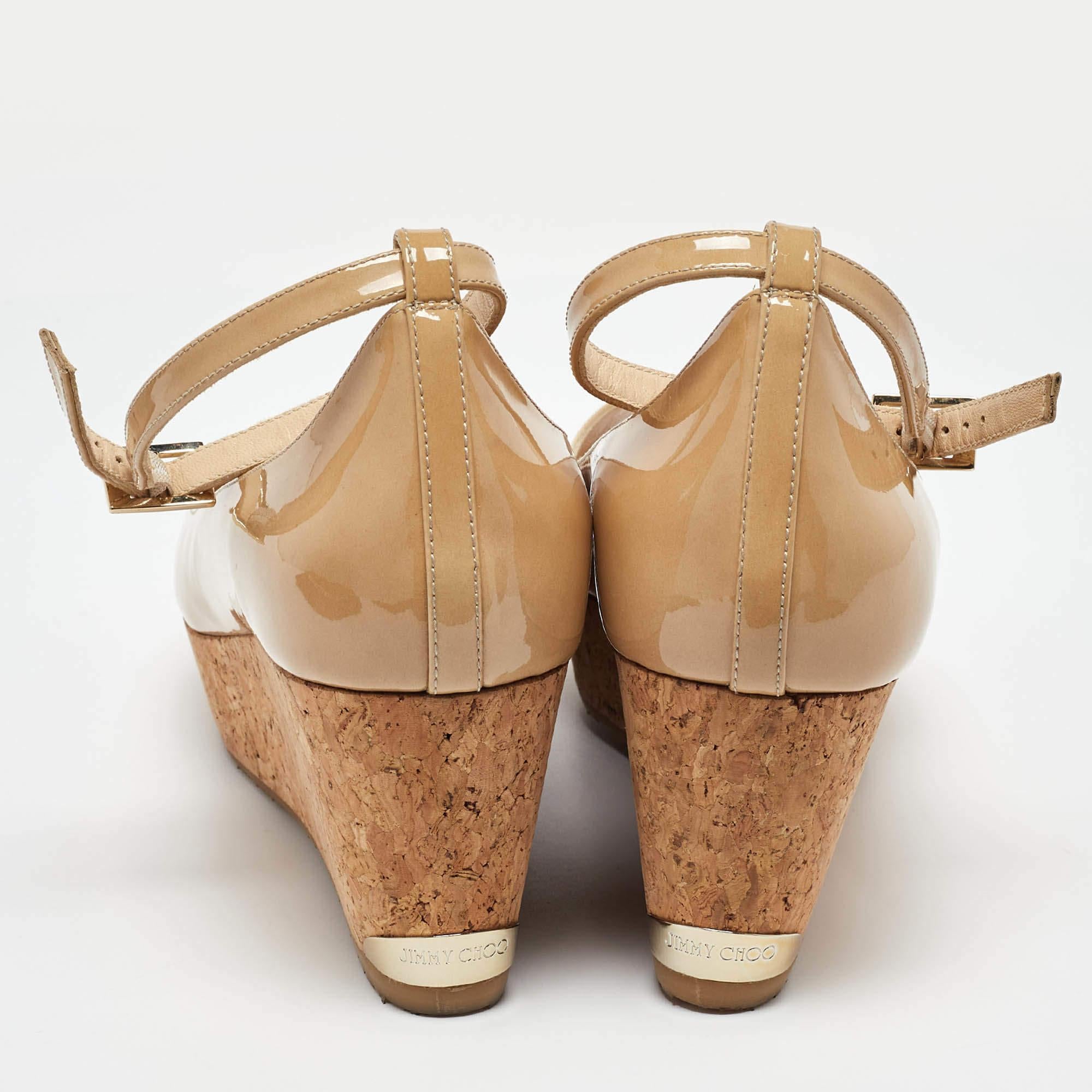 Jimmy Choo Beige Patent Leather Wedge Platform Ankle Strap Pumps Size 41 For Sale 1