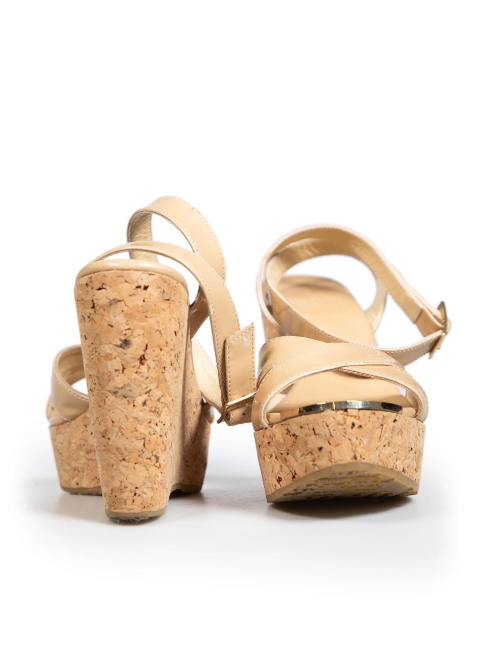 Orange Jimmy Choo Beige Patent Portia Cork Heel Wedges Size IT 37.5