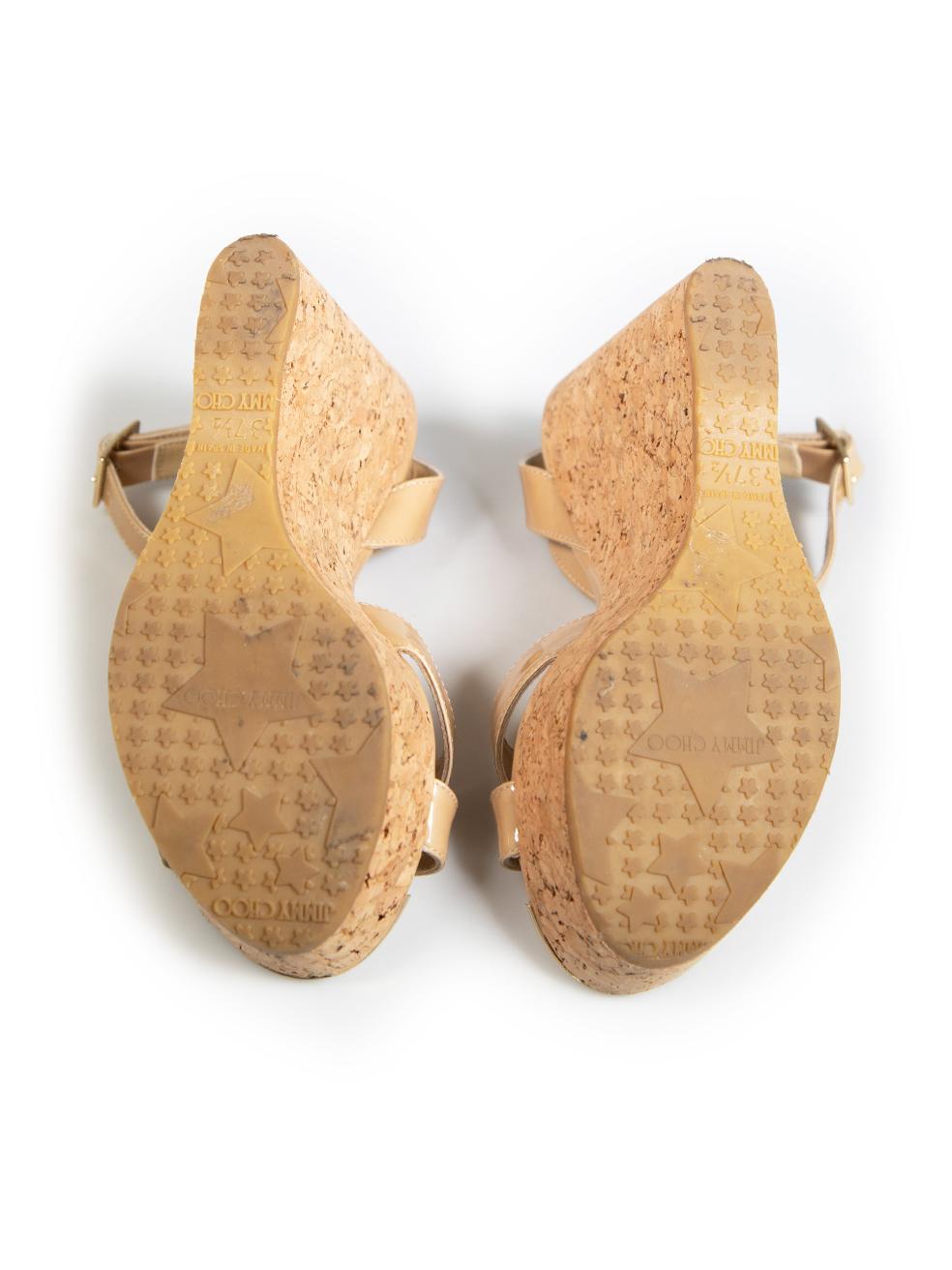 Jimmy Choo Beige Patent Portia Cork Heel Wedges Size IT 37.5 In Excellent Condition In London, GB