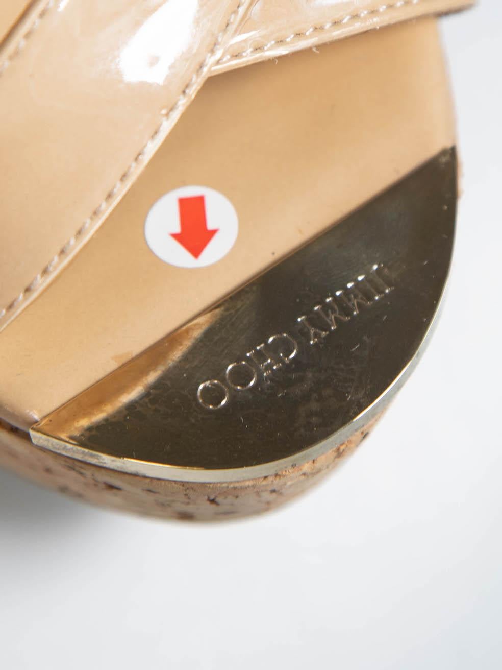 Women's Jimmy Choo Beige Patent Portia Cork Heel Wedges Size IT 37.5
