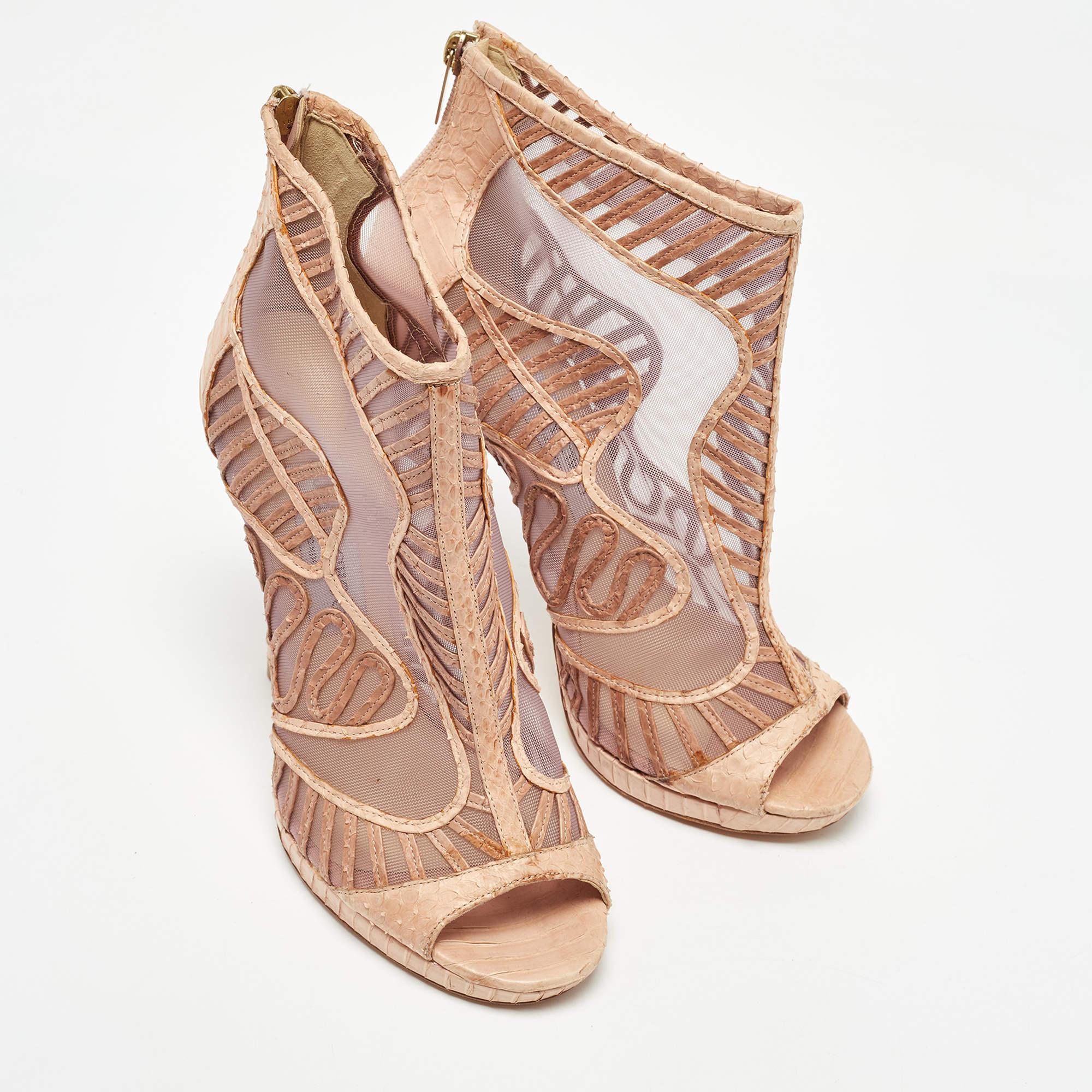 Women's Jimmy Choo Beige Python and Mesh Open Toe Platform Ankle Booties
