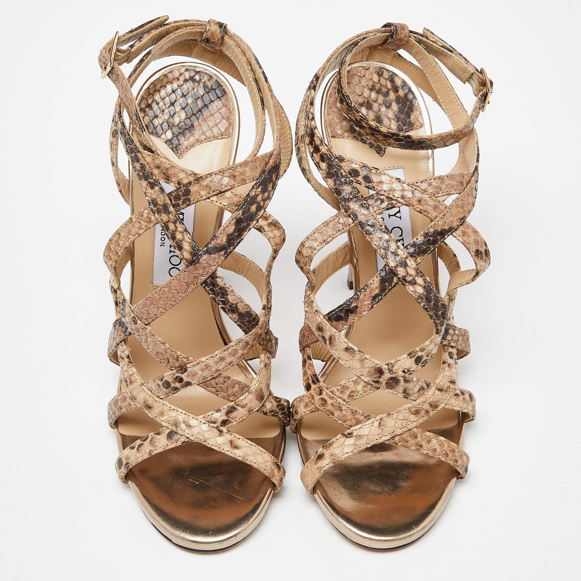 Jimmy Choo Beige Python Embossed Leather Ankle Strap Sandals Size 38 In Good Condition For Sale In Dubai, Al Qouz 2