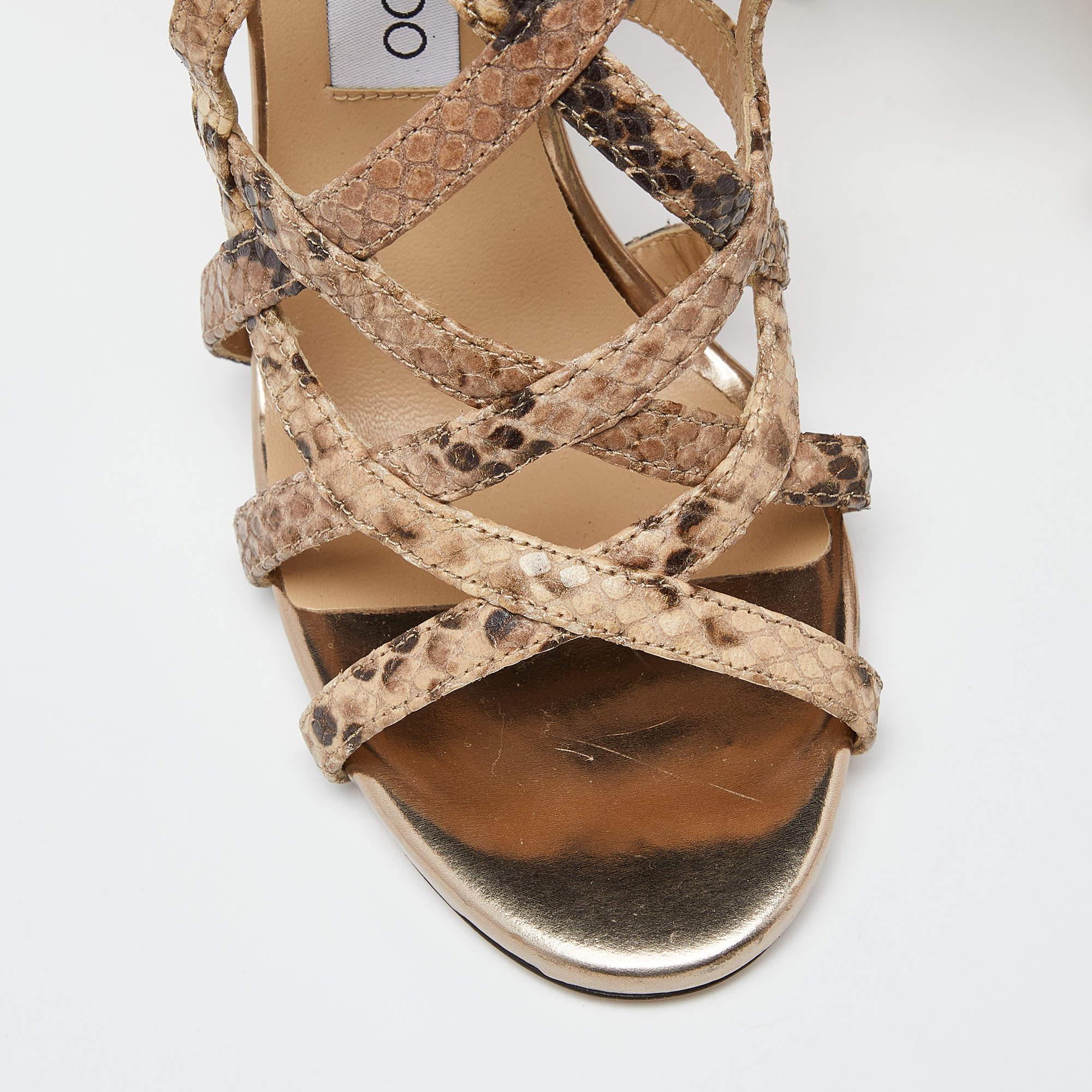 Women's Jimmy Choo Beige Python Embossed Leather Ankle Strap Sandals Size 38 For Sale