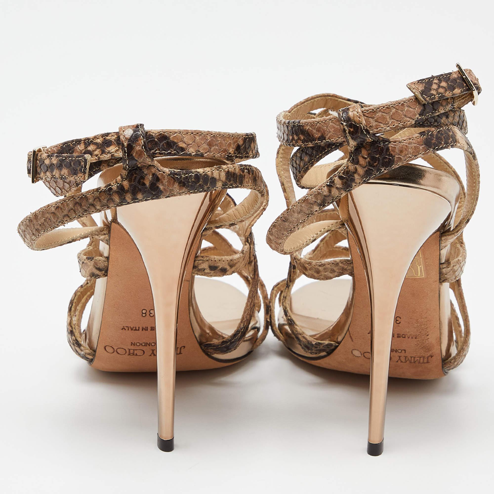 Jimmy Choo Beige Python Embossed Leather Ankle Strap Sandals Size 38 For Sale 2