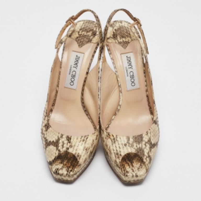 Jimmy Choo Beige Pitone Embossed Leather Slingback Peep Toe Pumps Taglia 39.5 in vendita 3